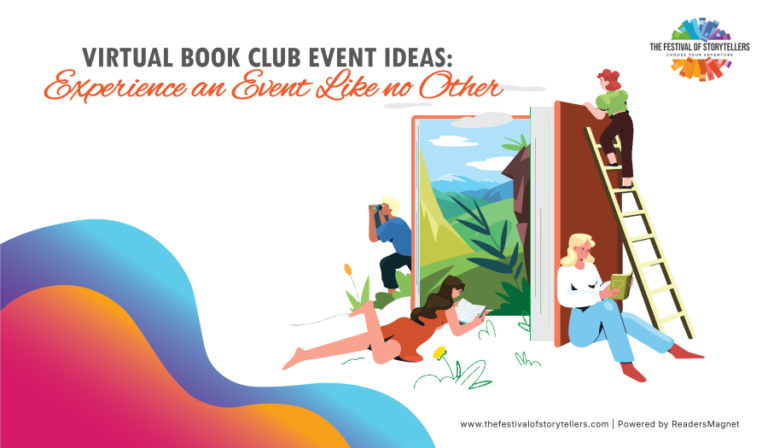 a banner for virtual book event ideas with cute illustrations